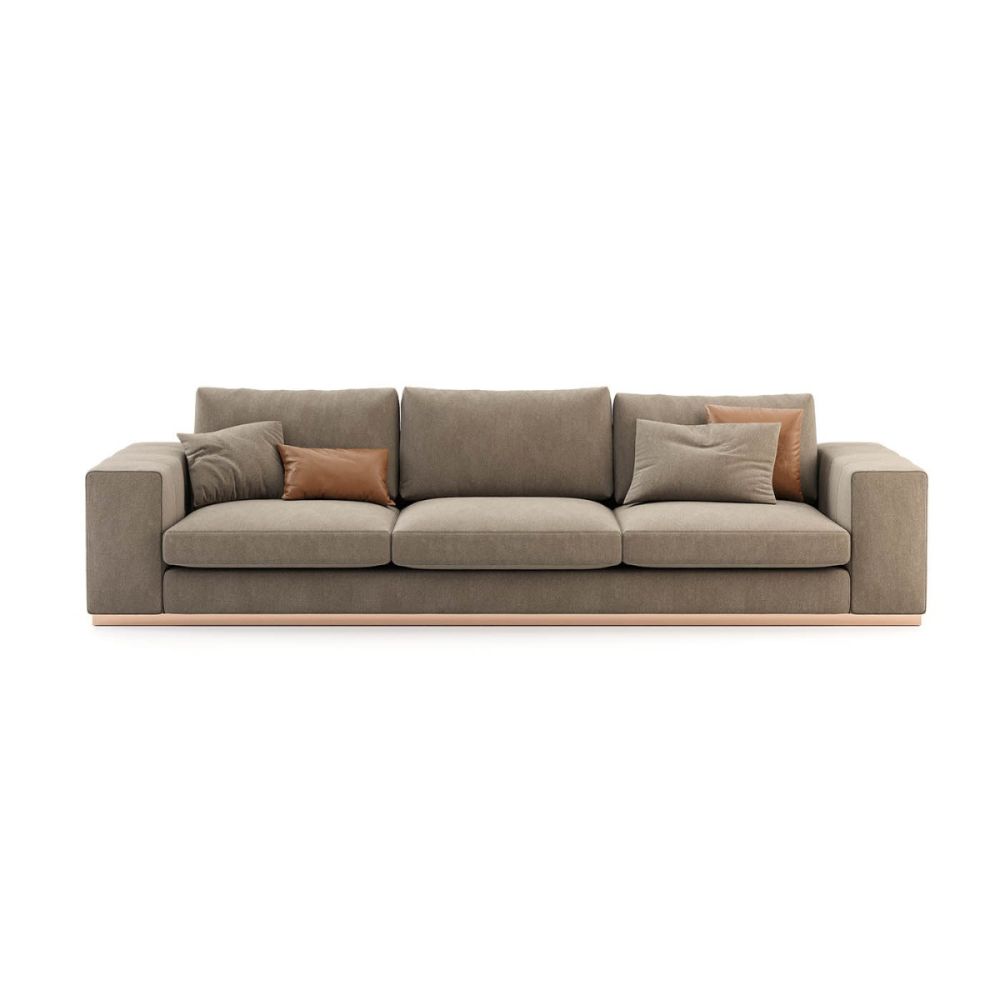 Upholstered velvet, 3 seater sofa with modern wide arm design. Pictured in Vienna Mouse.