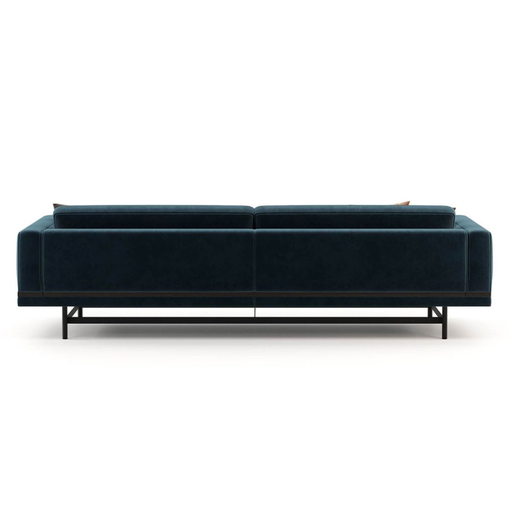 Dark blue velvet, modern/industrial style 3 seater sofa with lifted metal structure
