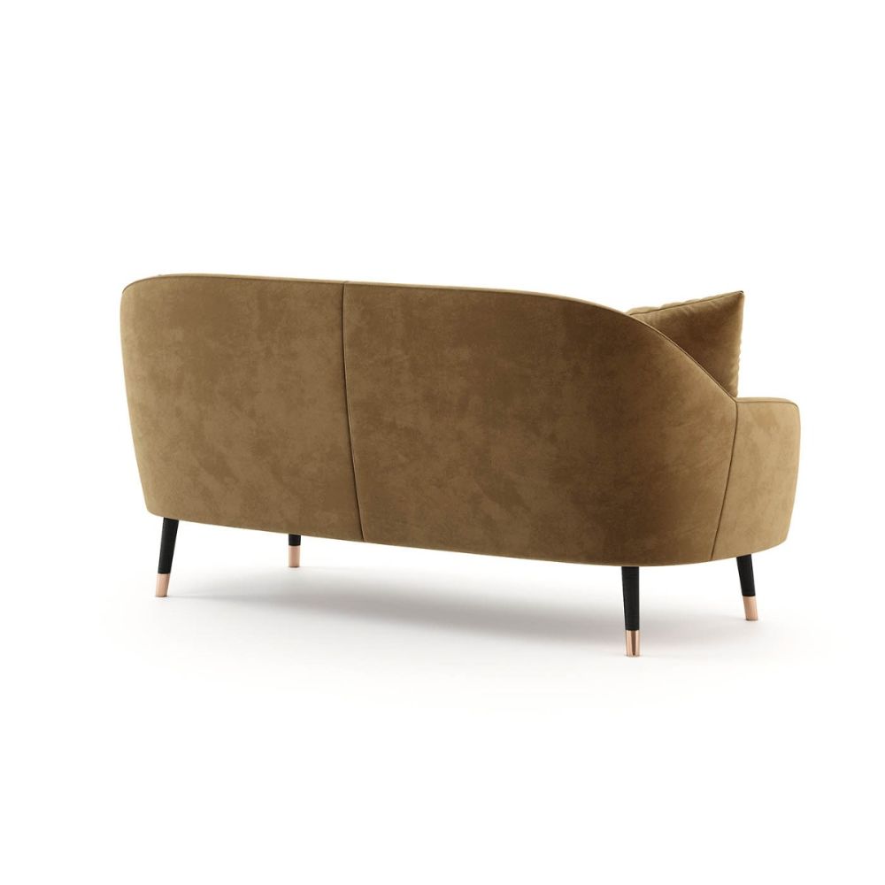 Retro style velvet sofa with wooden legs and copper tips. Pictured in Vienna Teja.