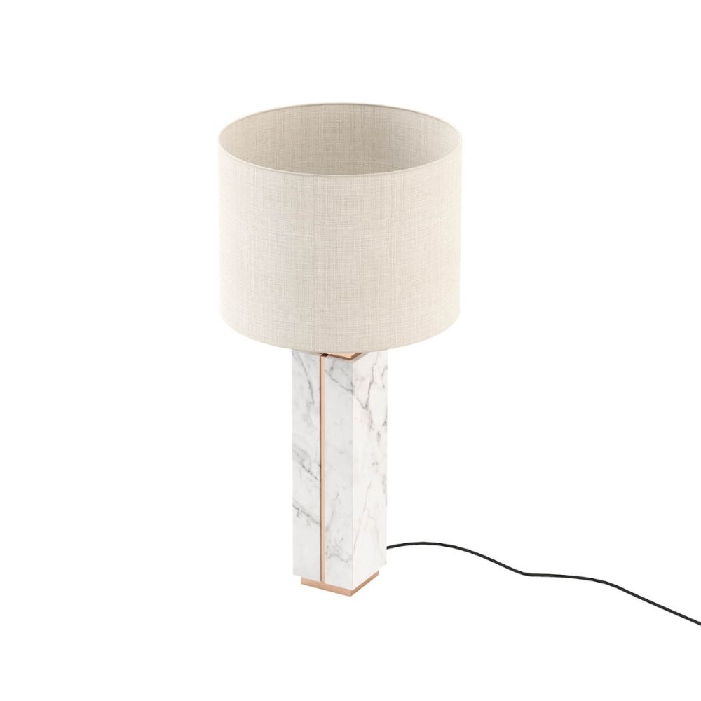 White marble table lamp with copper finish and cream shade