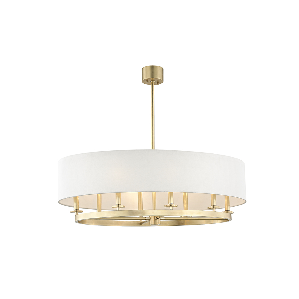 An elegant oval ceiling pendant in aged brass with an off-white linen lampshade 