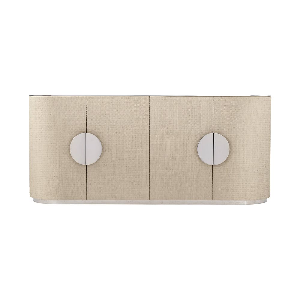 A stunning bleached raffia sideboard with four doors, interior shelving, a white oak veneer interior, polished stainless steel top and plinth base