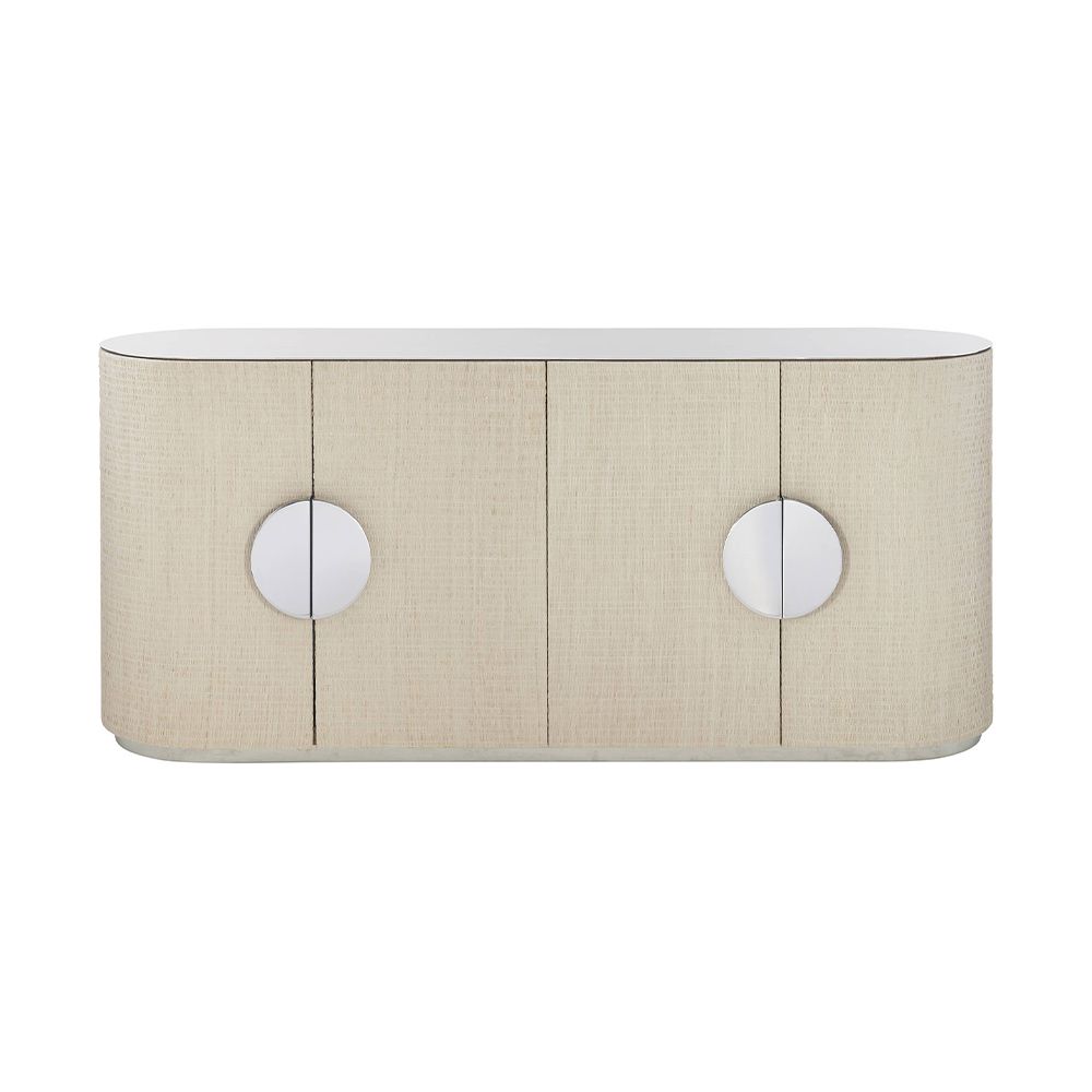 A stunning bleached raffia sideboard with four doors, interior shelving, a white oak veneer interior, polished stainless steel top and plinth base