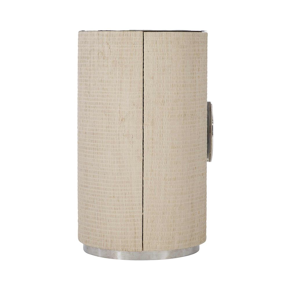 A stunning bleached raffia sideboard with four doors, interior shelving, a white oak veneer interior, polished stainless steel top and plinth base