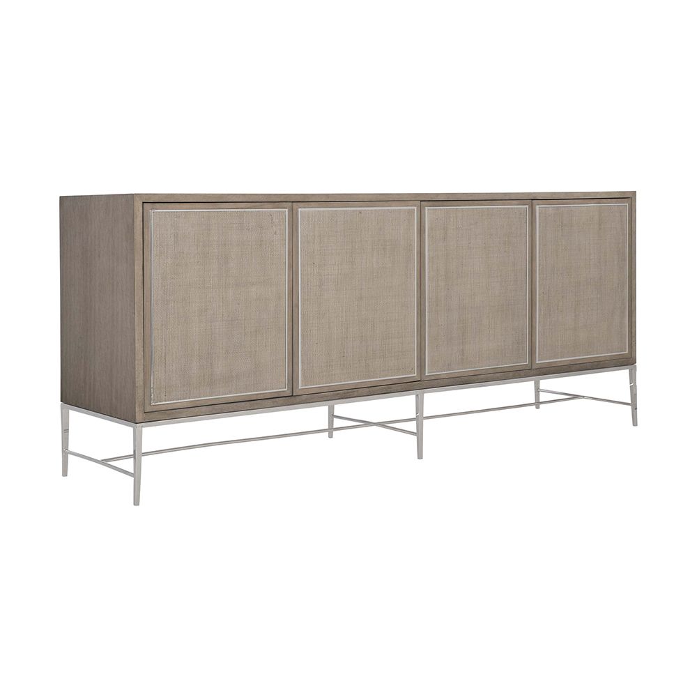 A gorgeous entertainment unit with four raffia panelled doors and finished with a polished stainless steel base and overlay 