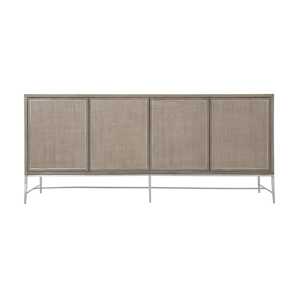 A gorgeous entertainment unit with four raffia panelled doors and finished with a polished stainless steel base and overlay 