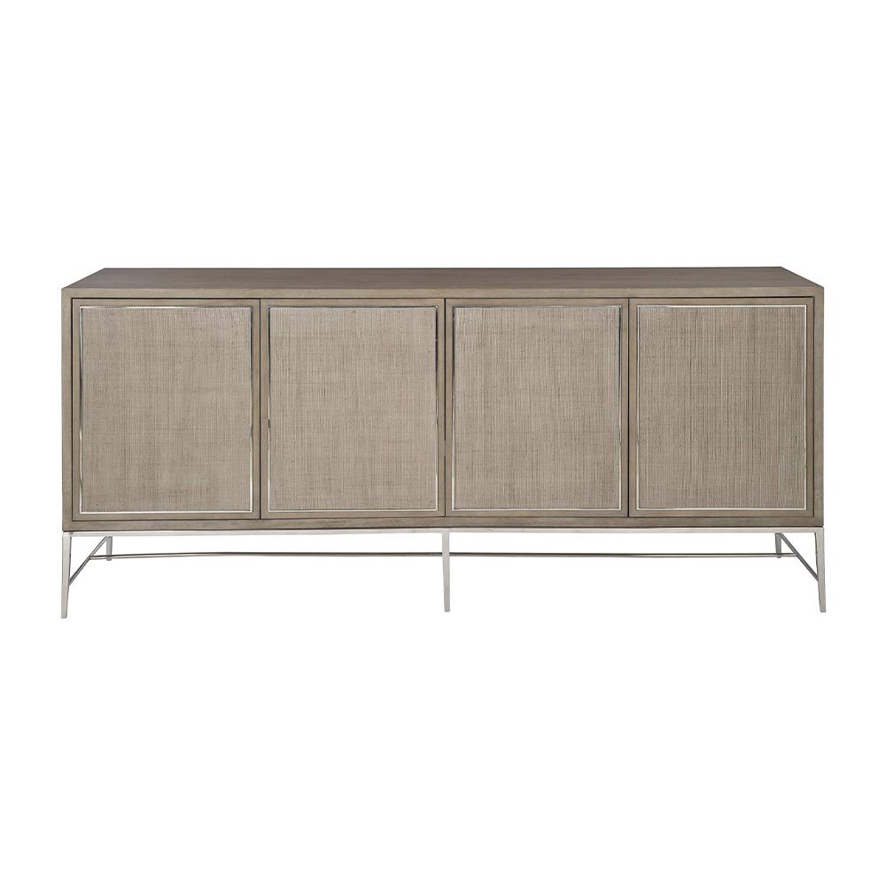 A gorgeous entertainment unit with four raffia panelled doors and finished with a polished stainless steel base and overlay 