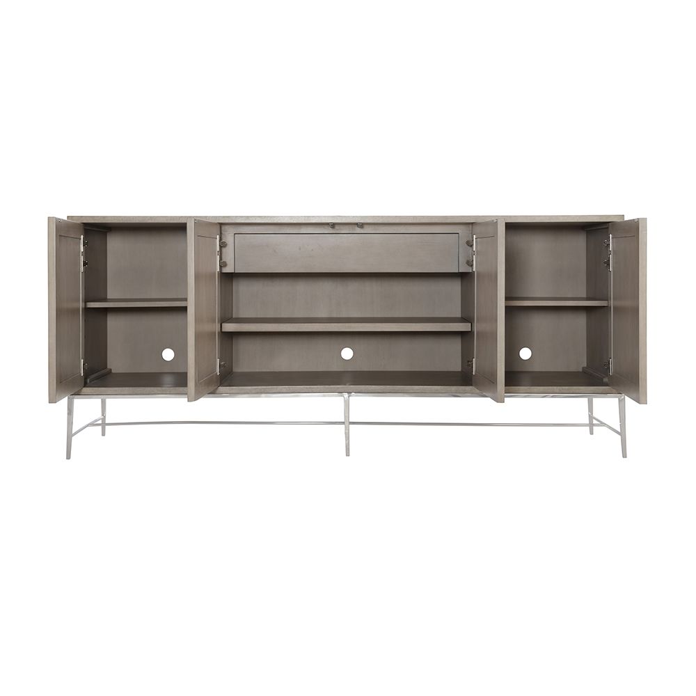 A gorgeous entertainment unit with four raffia panelled doors and finished with a polished stainless steel base and overlay 