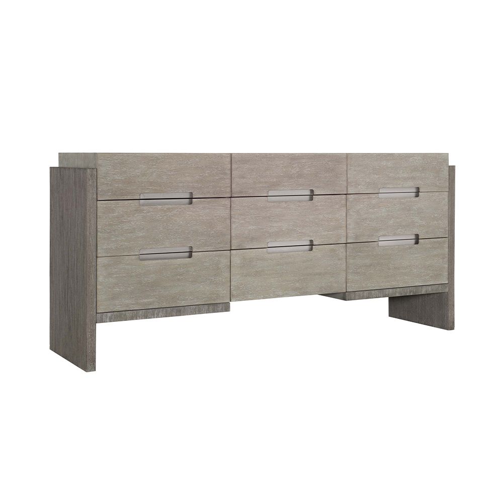 A gorgeous grey, two toned dresser from Bernhardt with nine soft closing drawers and stainless steel hardware