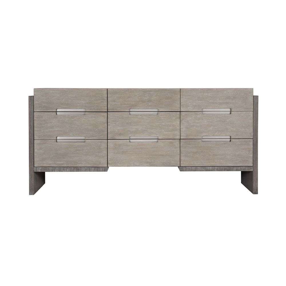A gorgeous grey, two toned dresser from Bernhardt with nine soft closing drawers and stainless steel hardware