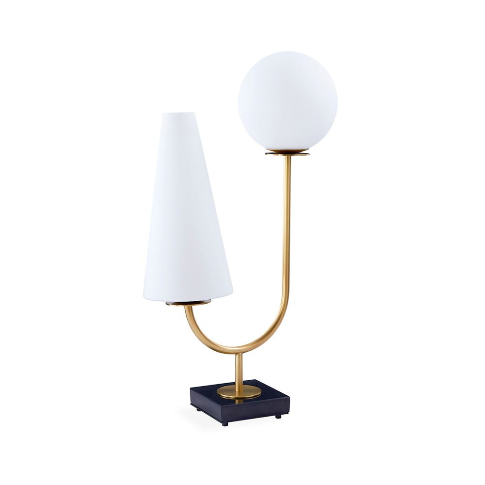 Beautiful and unique side lamp with spherical and cone-shaped shades and gold and marble accents