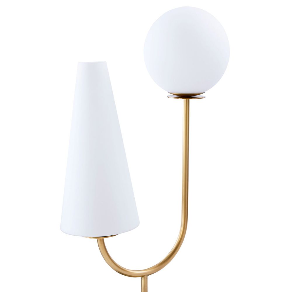 Beautiful and unique side lamp with spherical and cone-shaped shades and gold and marble accents