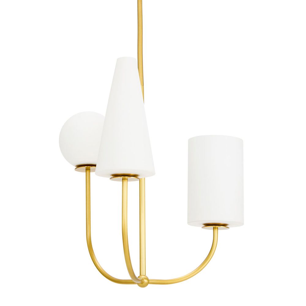 A beautiful brass ceiling light with varying shapes and heights 