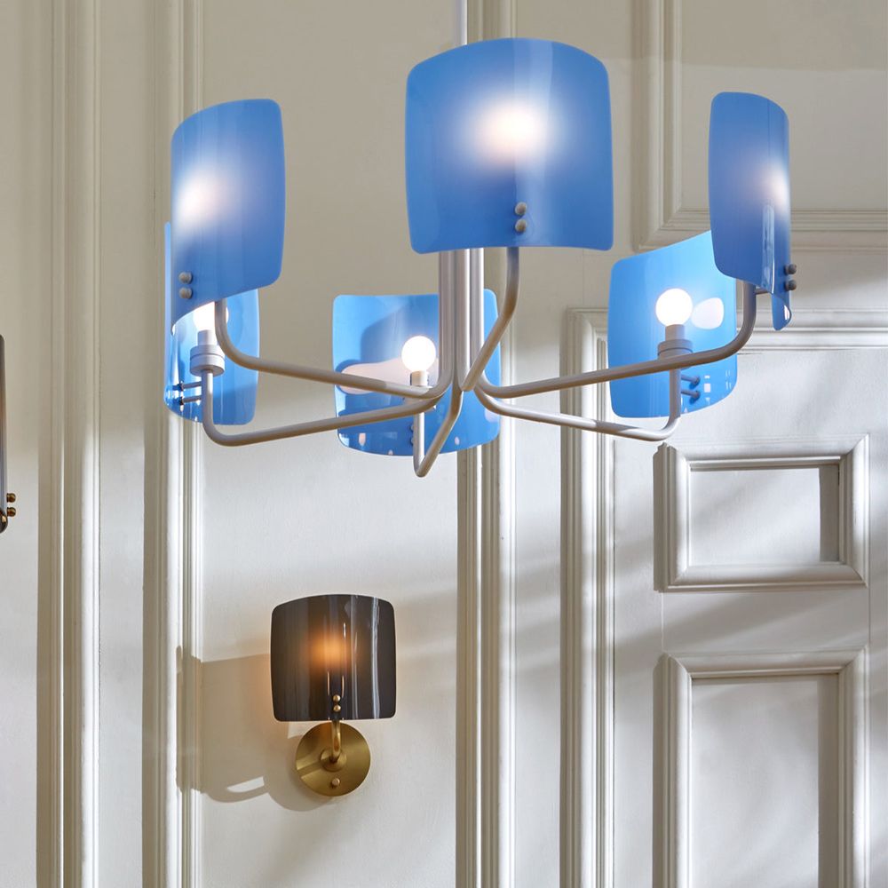 Eye-catching six-light chandelier with luxurious blue shades