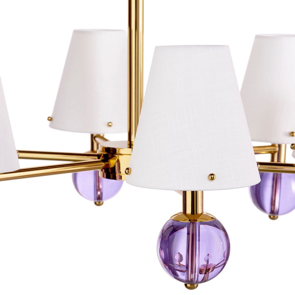Striking six-light chandelier with purple orb detail and brass accents