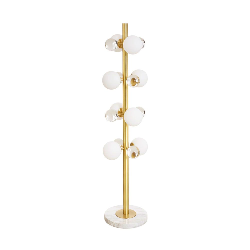 Glamorous floor lamp with mesmerising acrylic and glass orbs, gold finish stem and marble base.