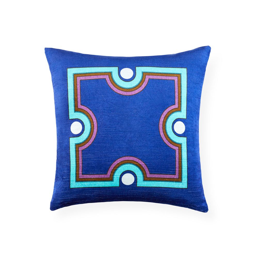 Brilliant blue cushion with dazzling boarder design and purple and brown accents