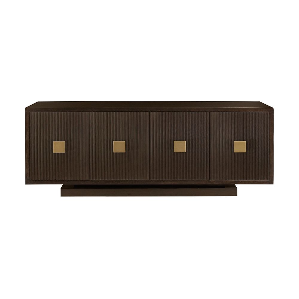 A classic dark brown textured 4 door buffet with brass square handles