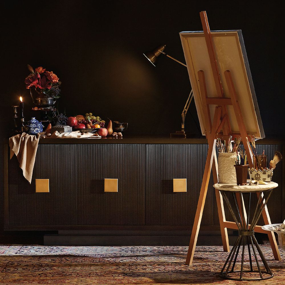 A classic dark brown textured 4 door buffet with brass square handles