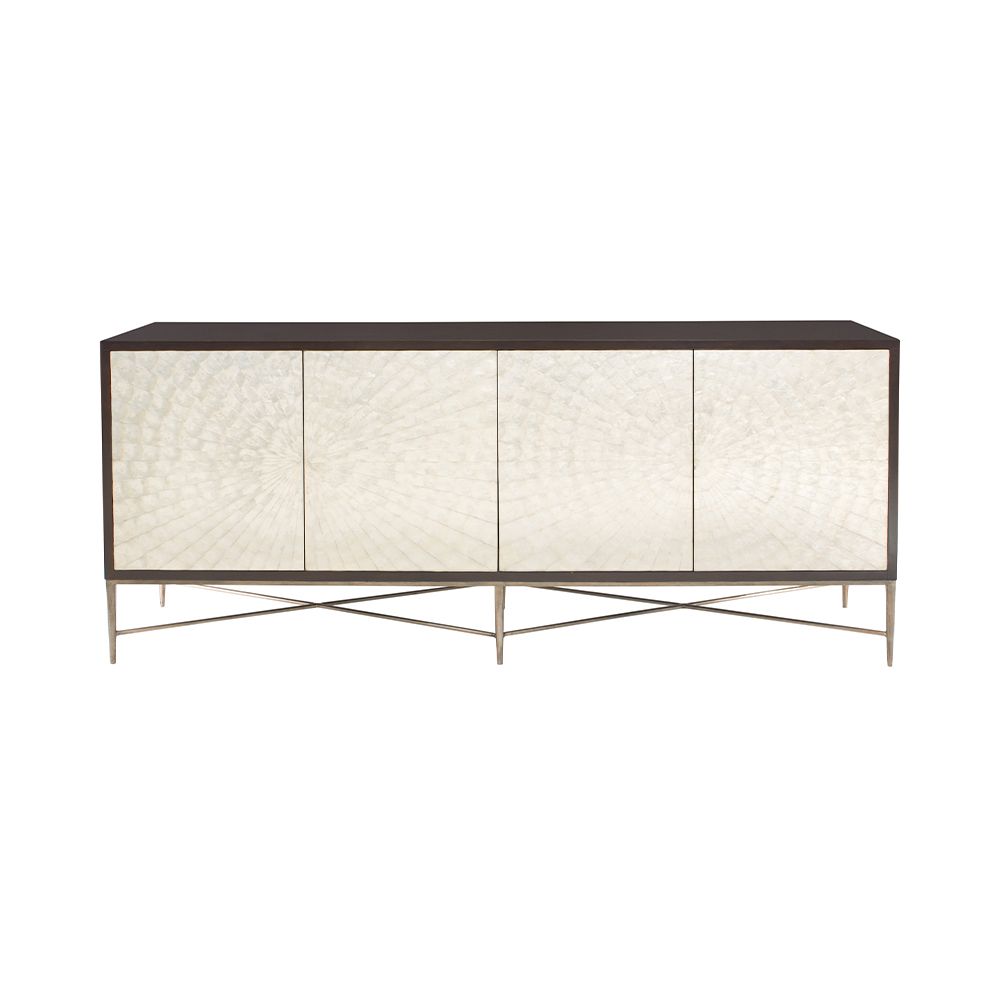 A mesmerising expresso coloured sideboard with an iridescent bronze finish, two pairs of doors, a removable shelf and three drawers