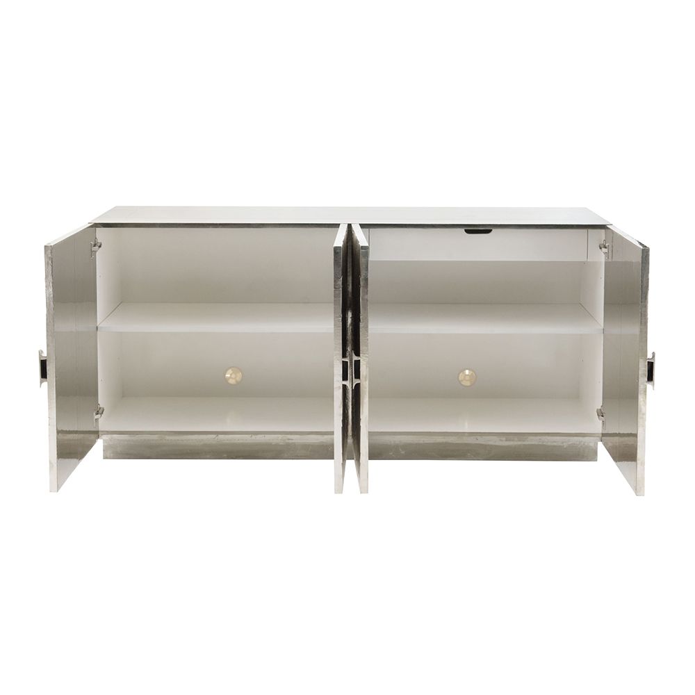 A glamorous four door silver cabinet with an embossed circular pattern and internal shelving 