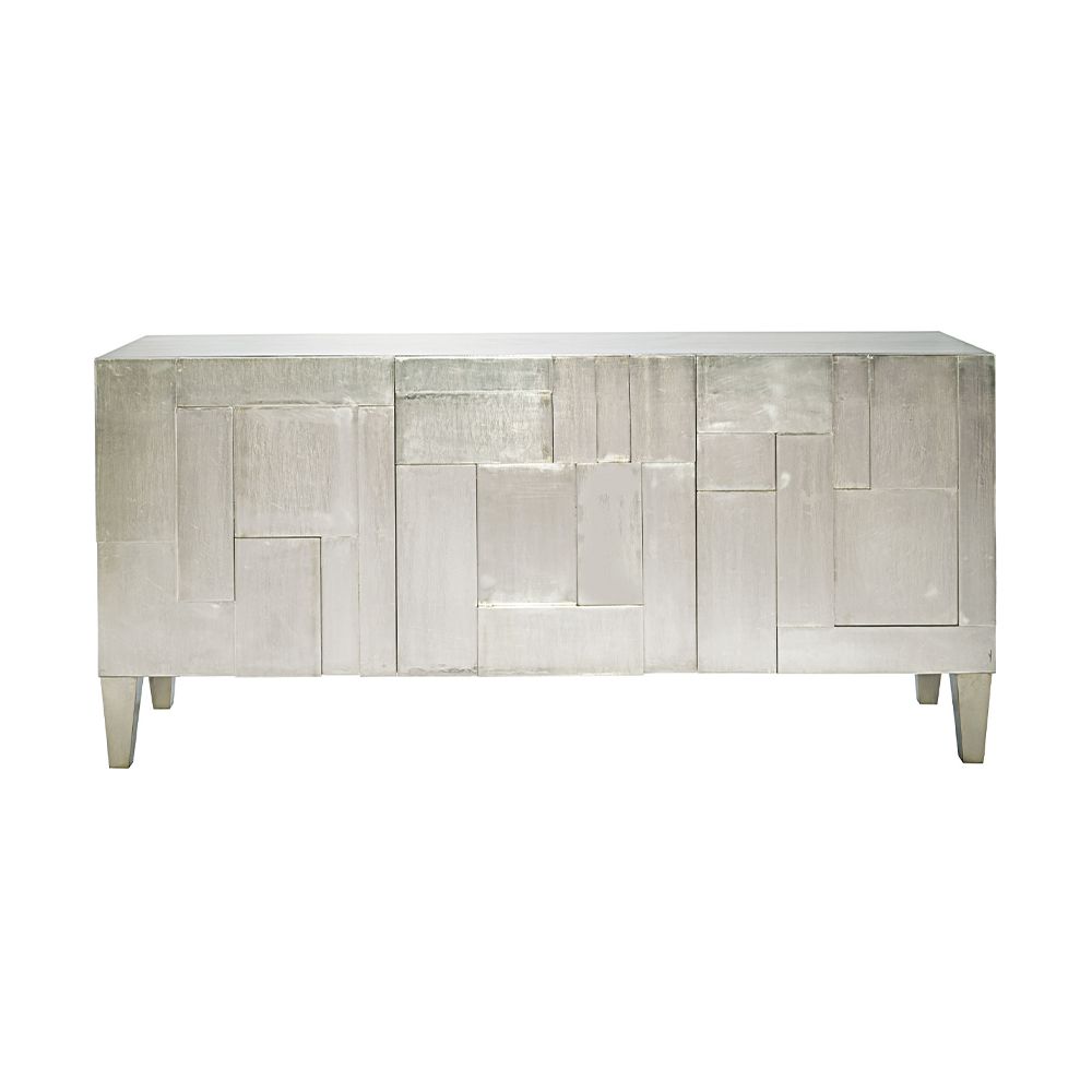 A decorative three door entertainment unit with a unique design, silver finish and internal storage