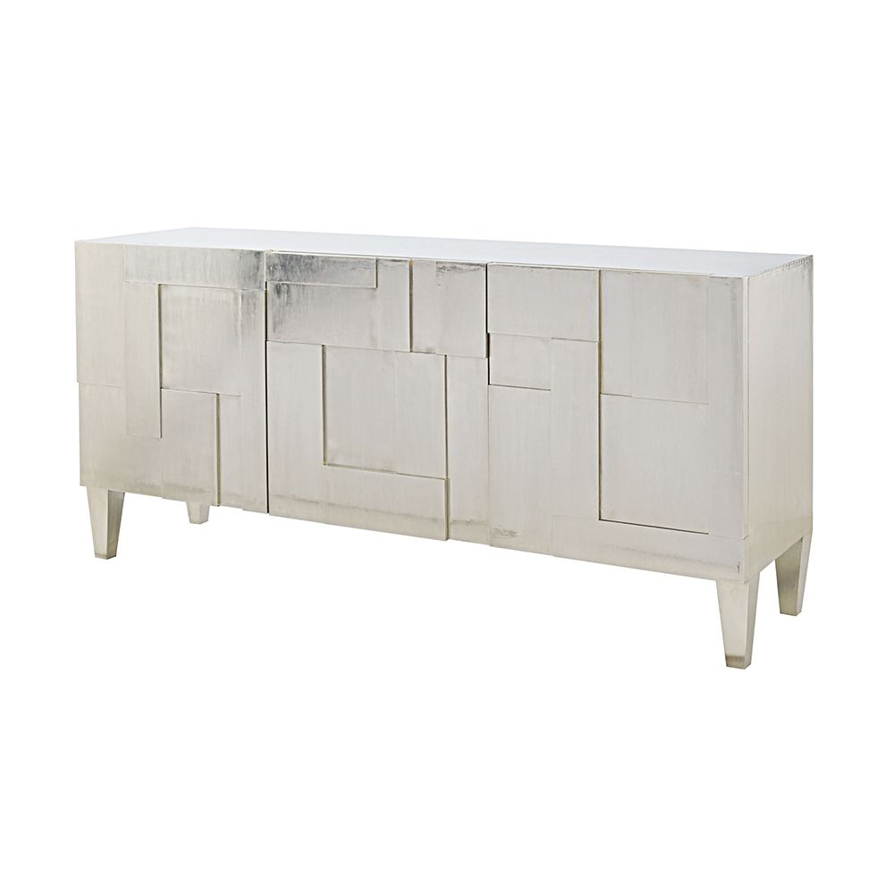 A decorative three door entertainment unit with a unique design, silver finish and internal storage