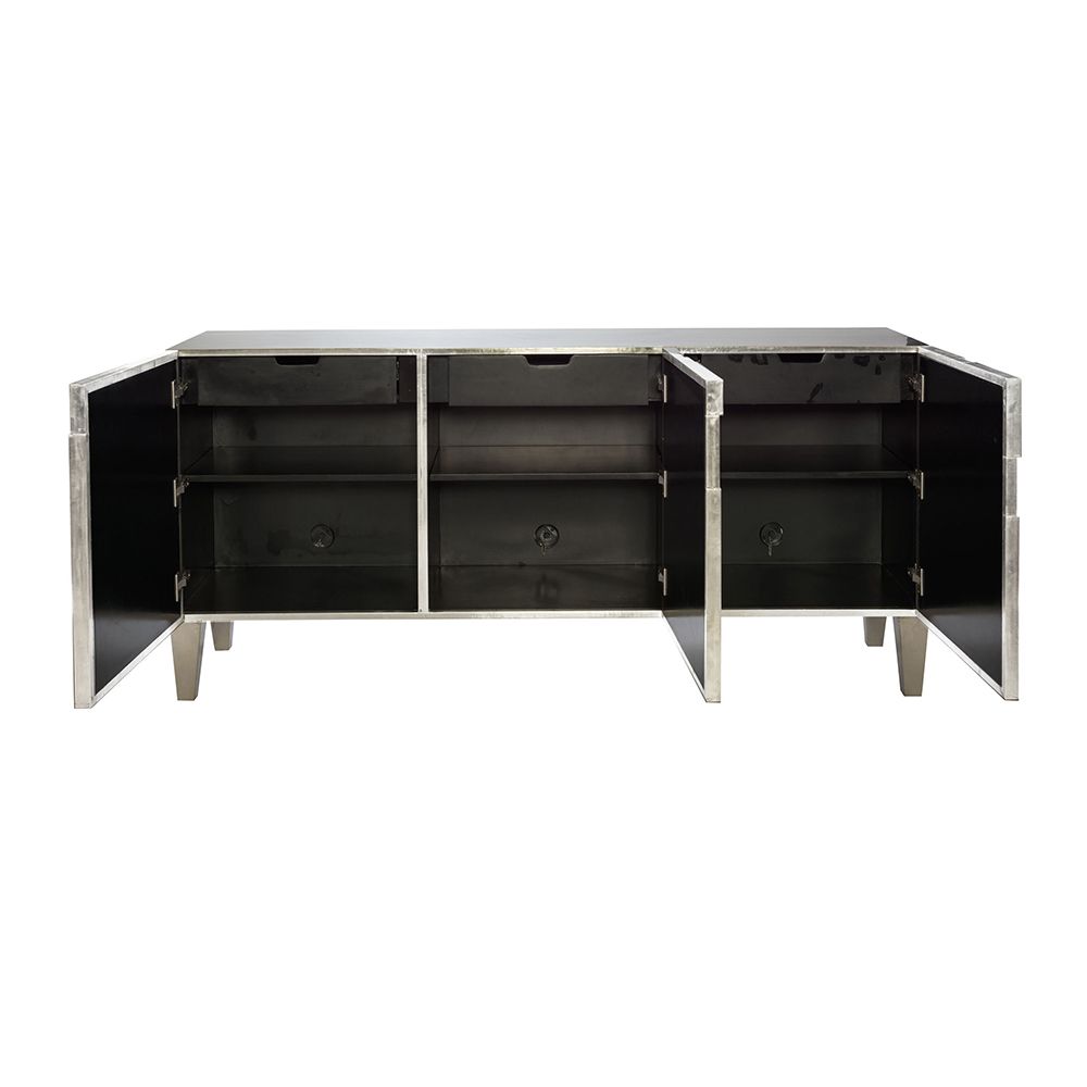 A decorative three door entertainment unit with a unique design, silver finish and internal storage