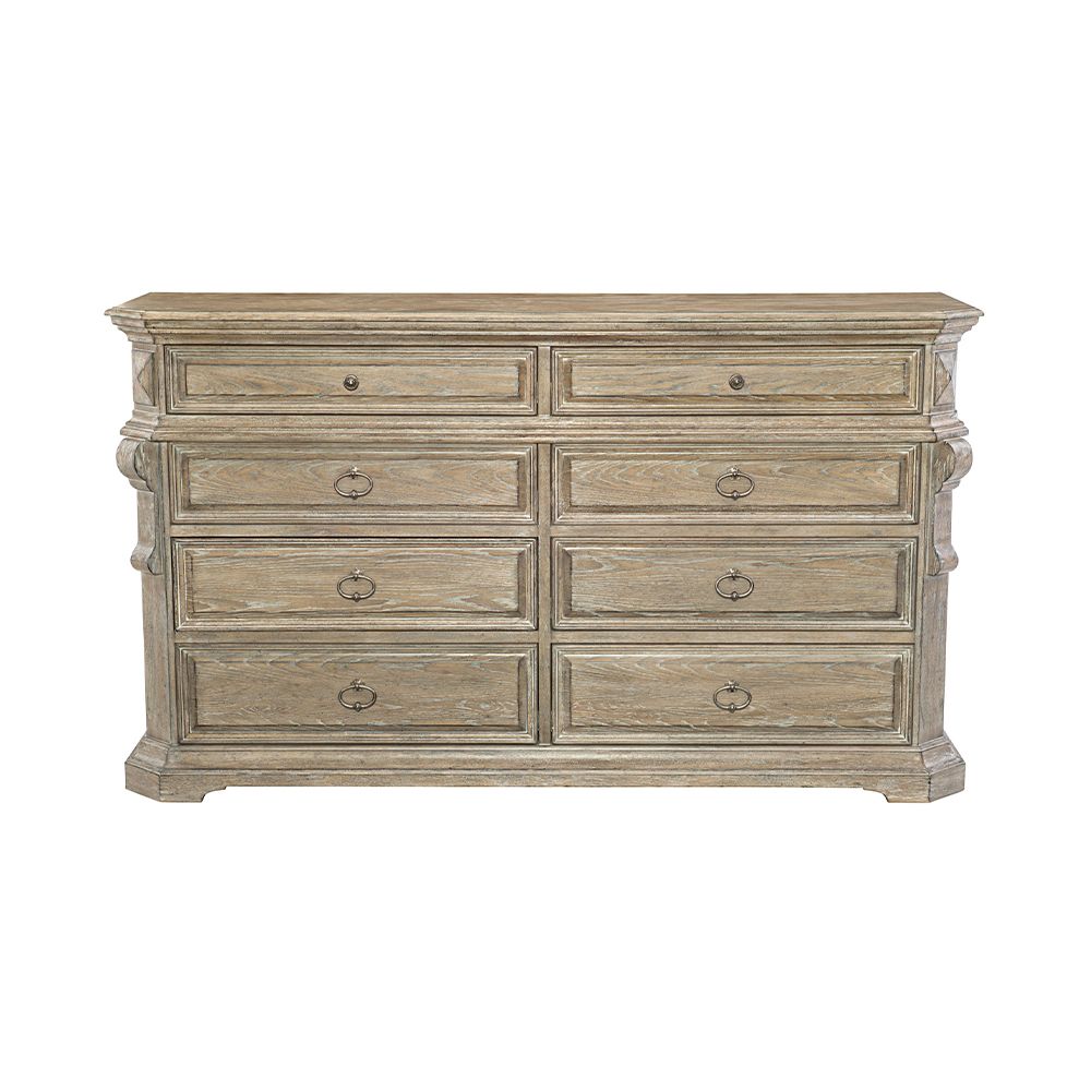 A classic and timeless dresser featuring a natural white oak veneer finish and eight spacious drawers