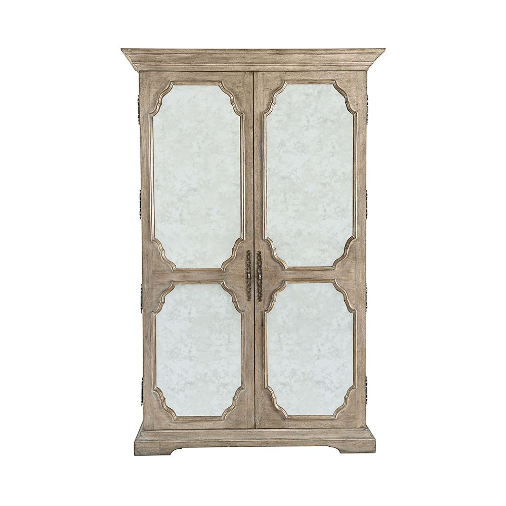 A beautiful armoire by Bernhardt featuring two wood-framed doors with antique mirrored glass panels