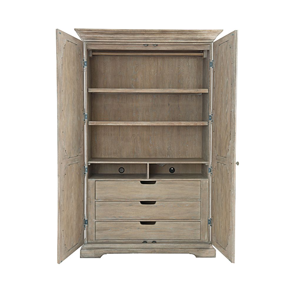 A beautiful armoire by Bernhardt featuring two wood-framed doors with antique mirrored glass panels