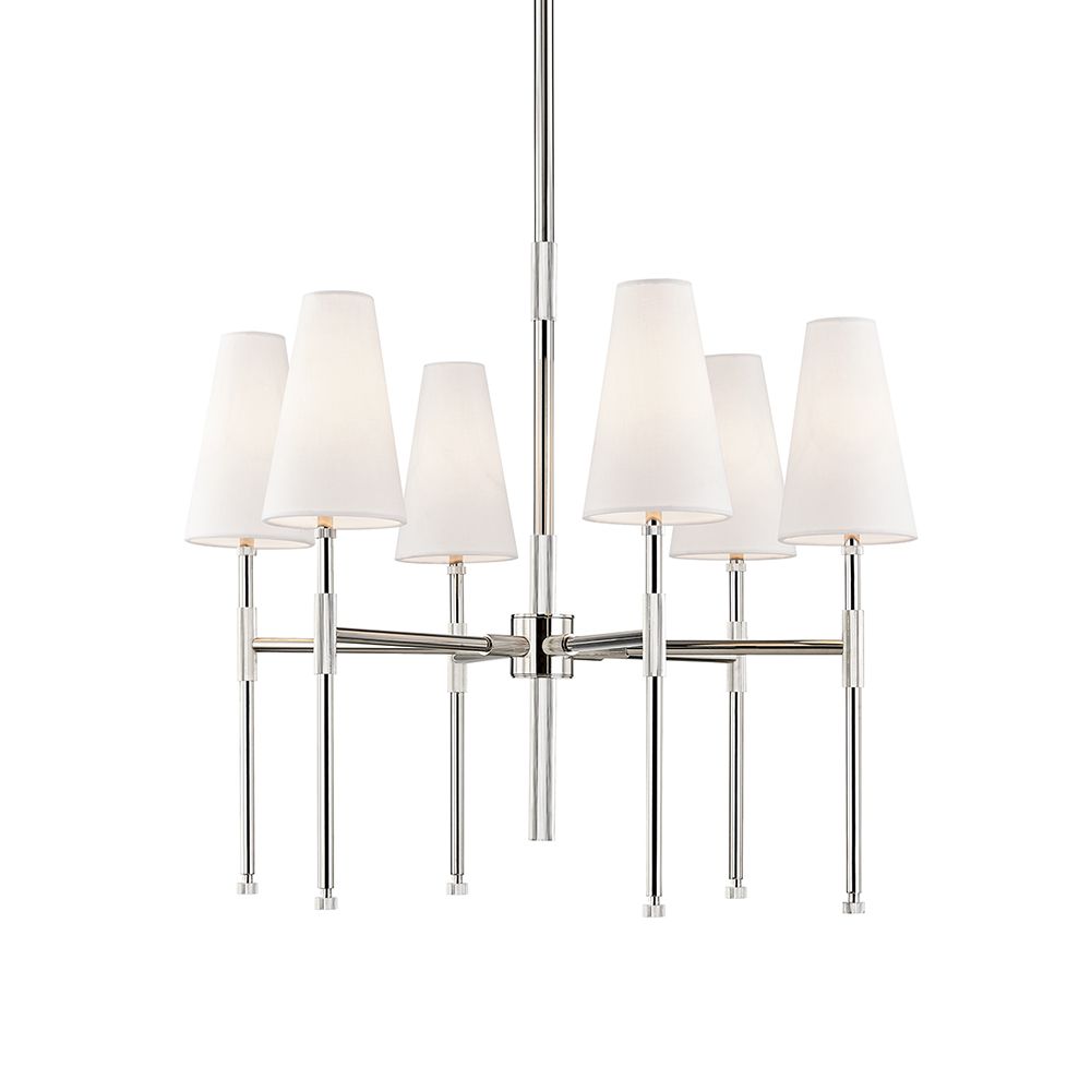 A polished nickel chandelier by Hudson Valley with six off-white linen shades 