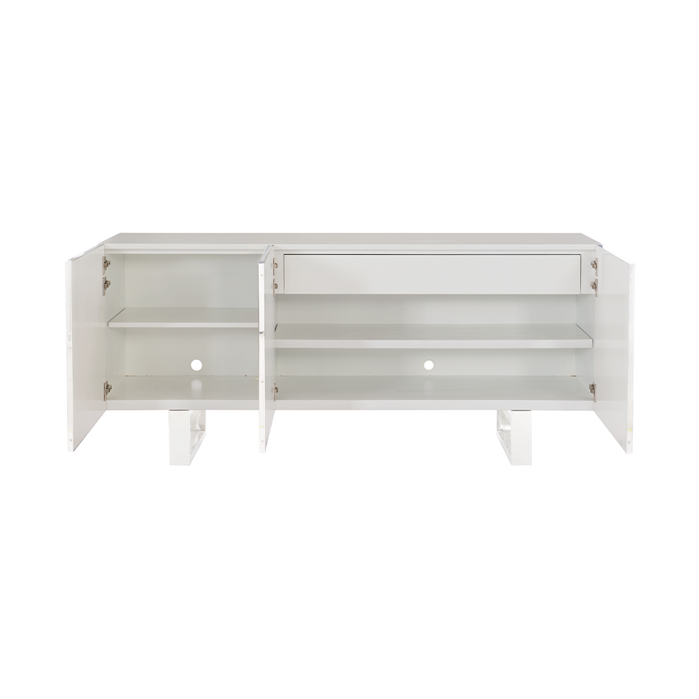 A three door media unit with a shell overlay top.