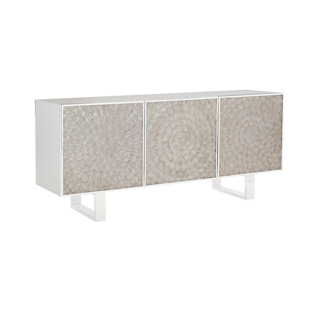 A three door media unit with a shell overlay top.