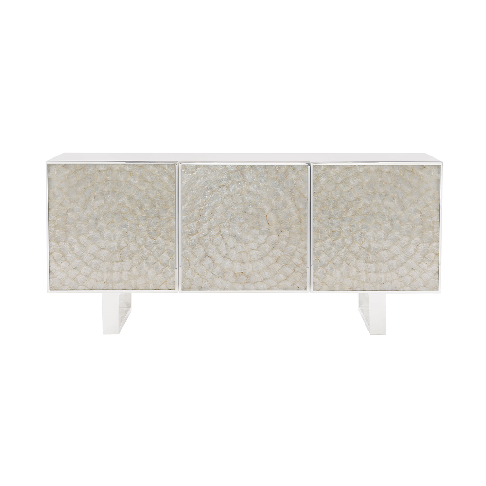 A three door media unit with a shell overlay top.