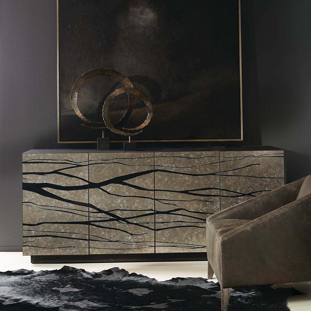 Hand-painted sideboard with four doors finished in faux bois
