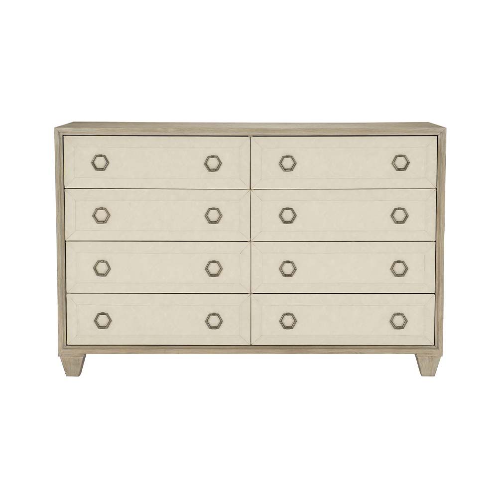 Upholstered, contrasting dresser with 8 drawers