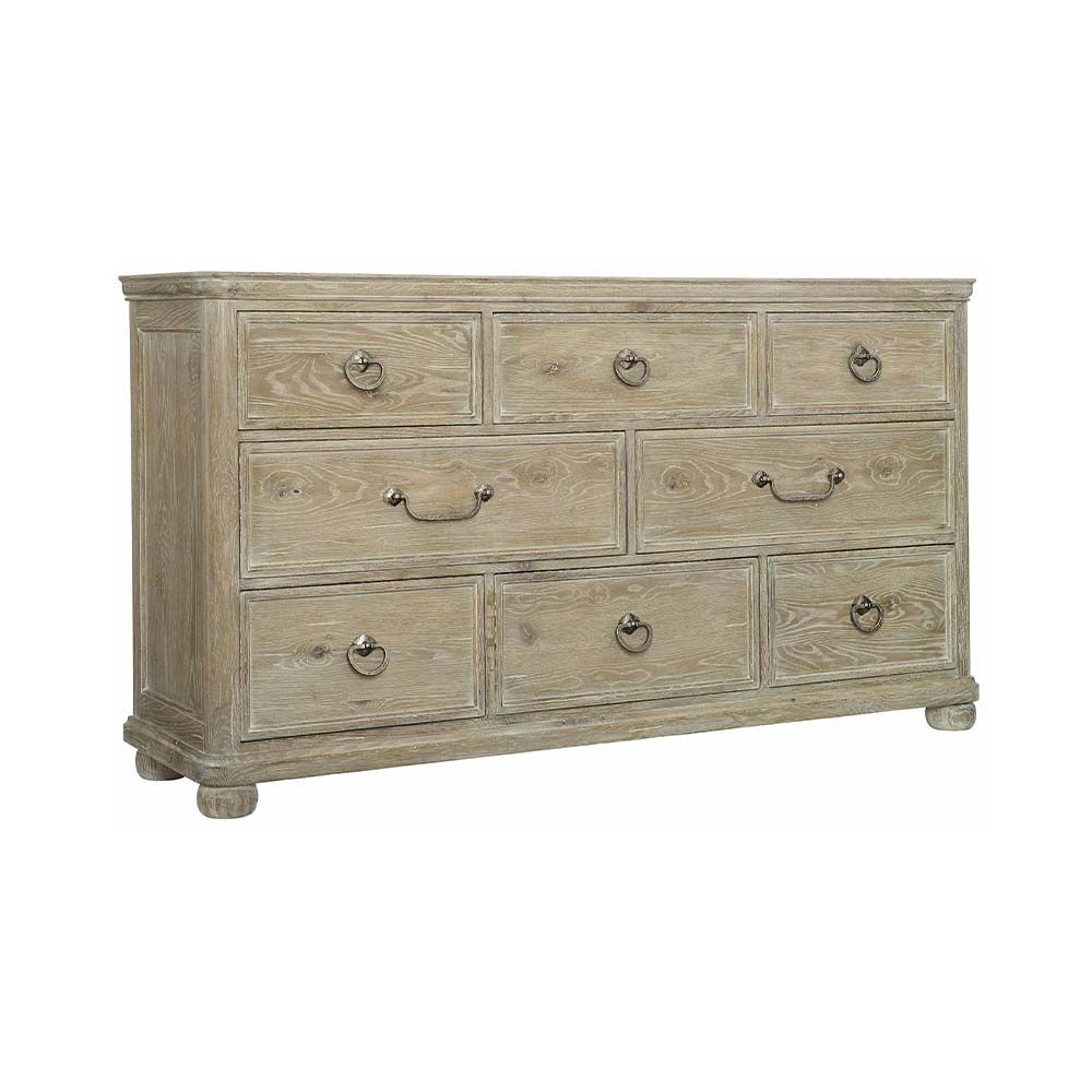 An 8-drawer dresser in a luxurious, natural finish that's perfect for rustic and chic spaces