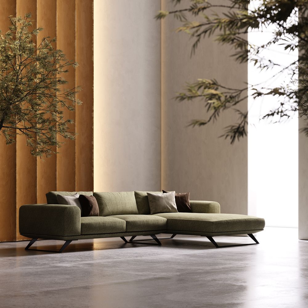 Linen cotton, upholstered, chaise longue sofa with wide contemporary design