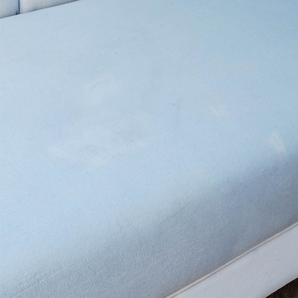A curvaceous chaise longue with a pale blue velvet upholstery and seashell-like frame 