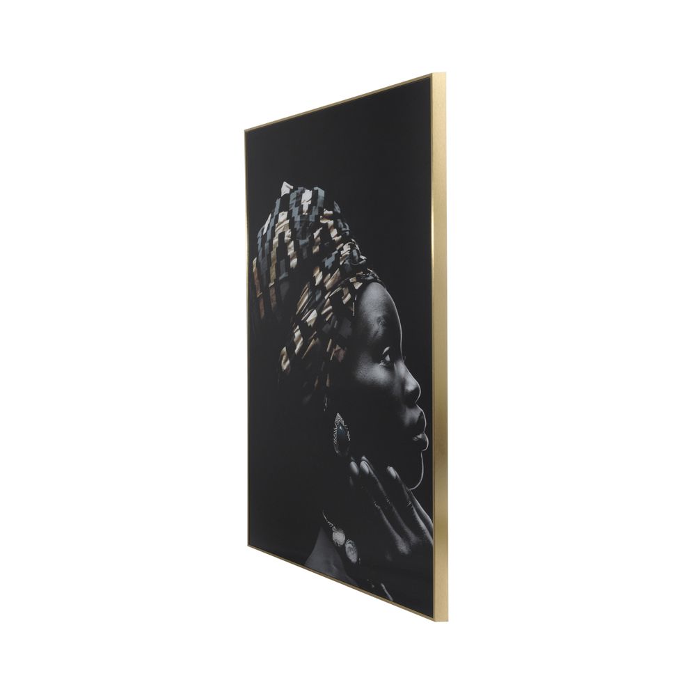 gold framed glass wall art piece of an African woman