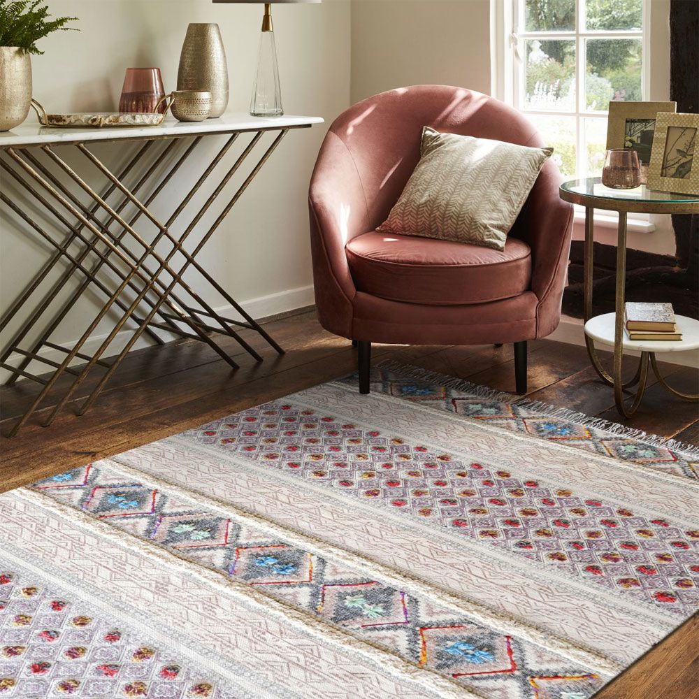A luxurious multicoloured rug with a pit loom finish