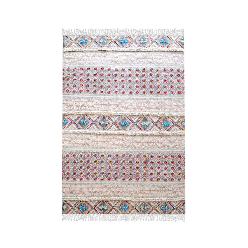 A luxurious multicoloured rug with a pit loom finish
