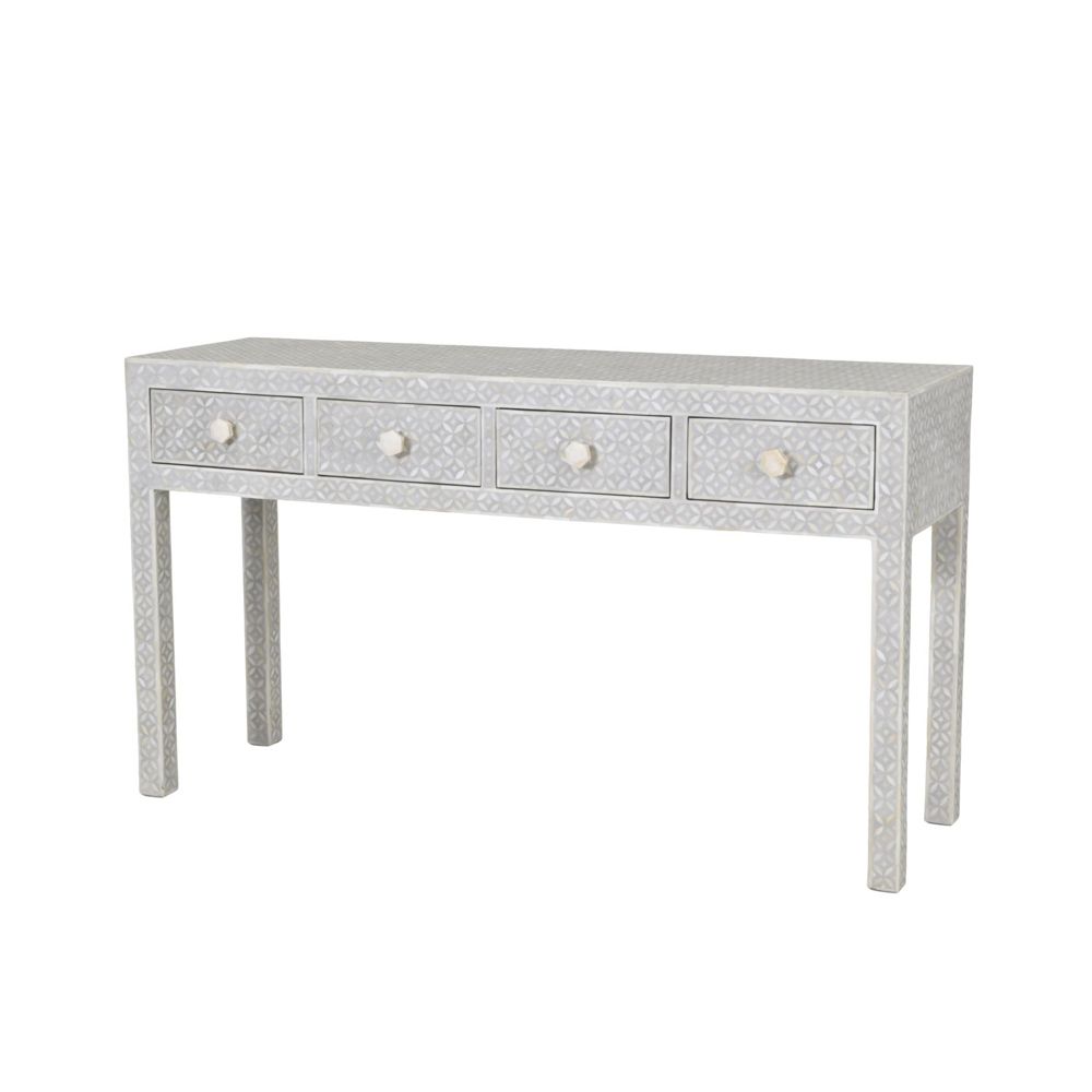 A luxurious grey console table with bone inlay details