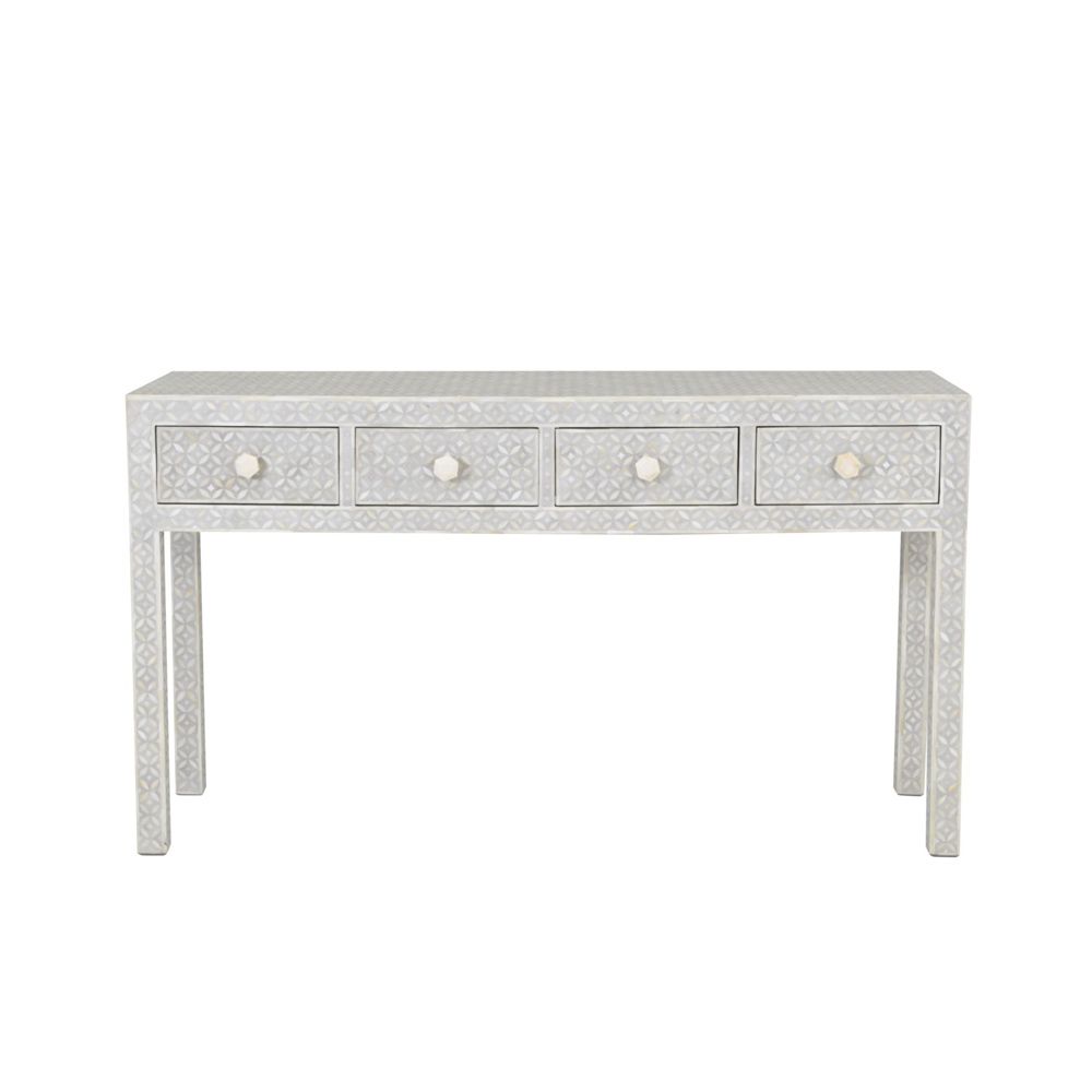 A luxurious grey console table with bone inlay details