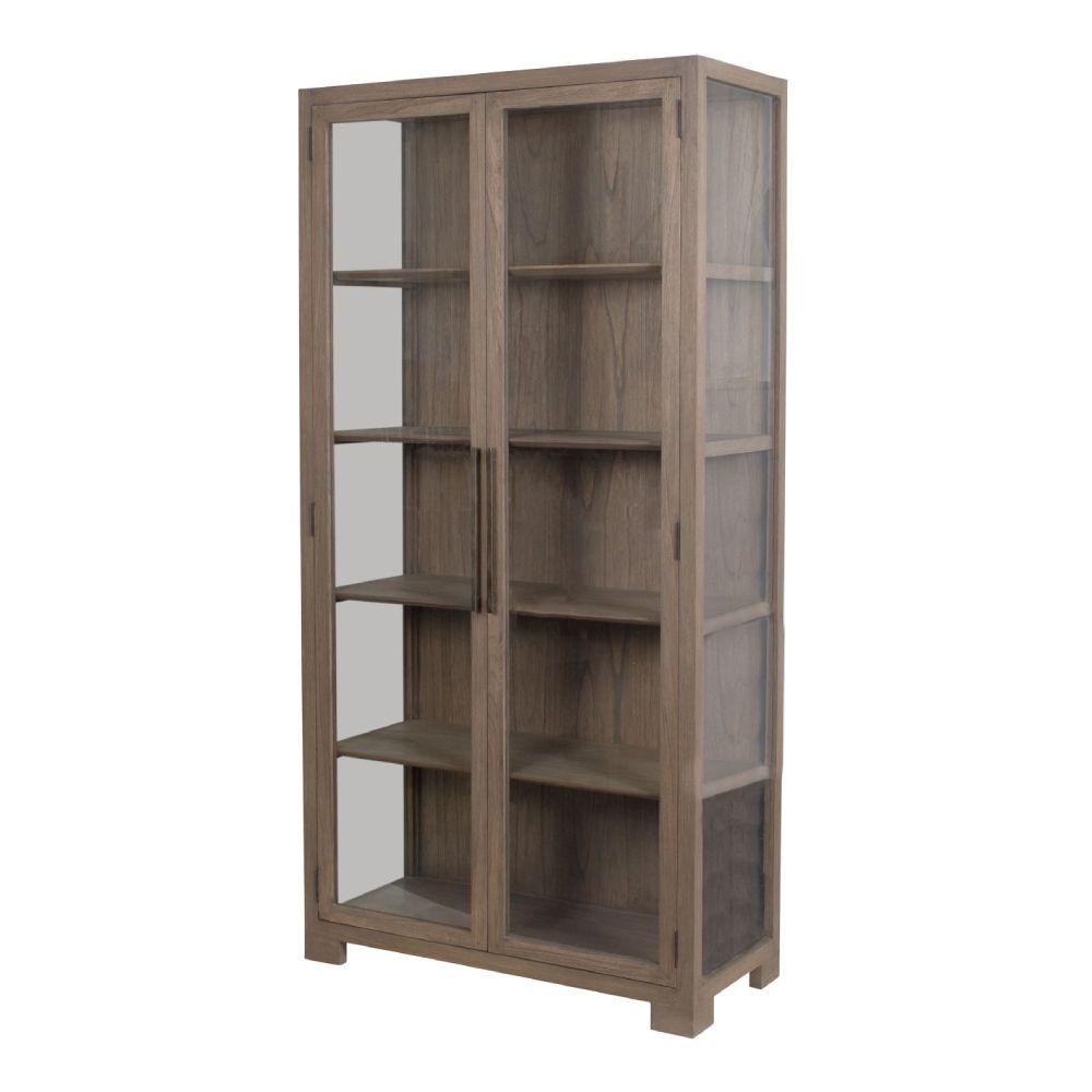 A natural beech wood veneer display cabinet with two glass doors