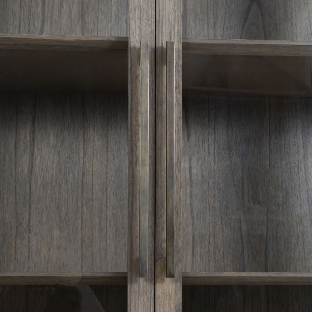 A natural beech wood veneer display cabinet with two glass doors
