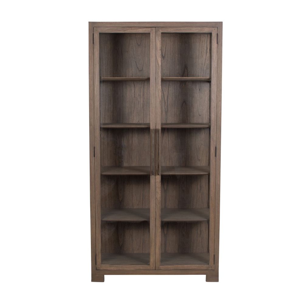 A natural beech wood veneer display cabinet with two glass doors
