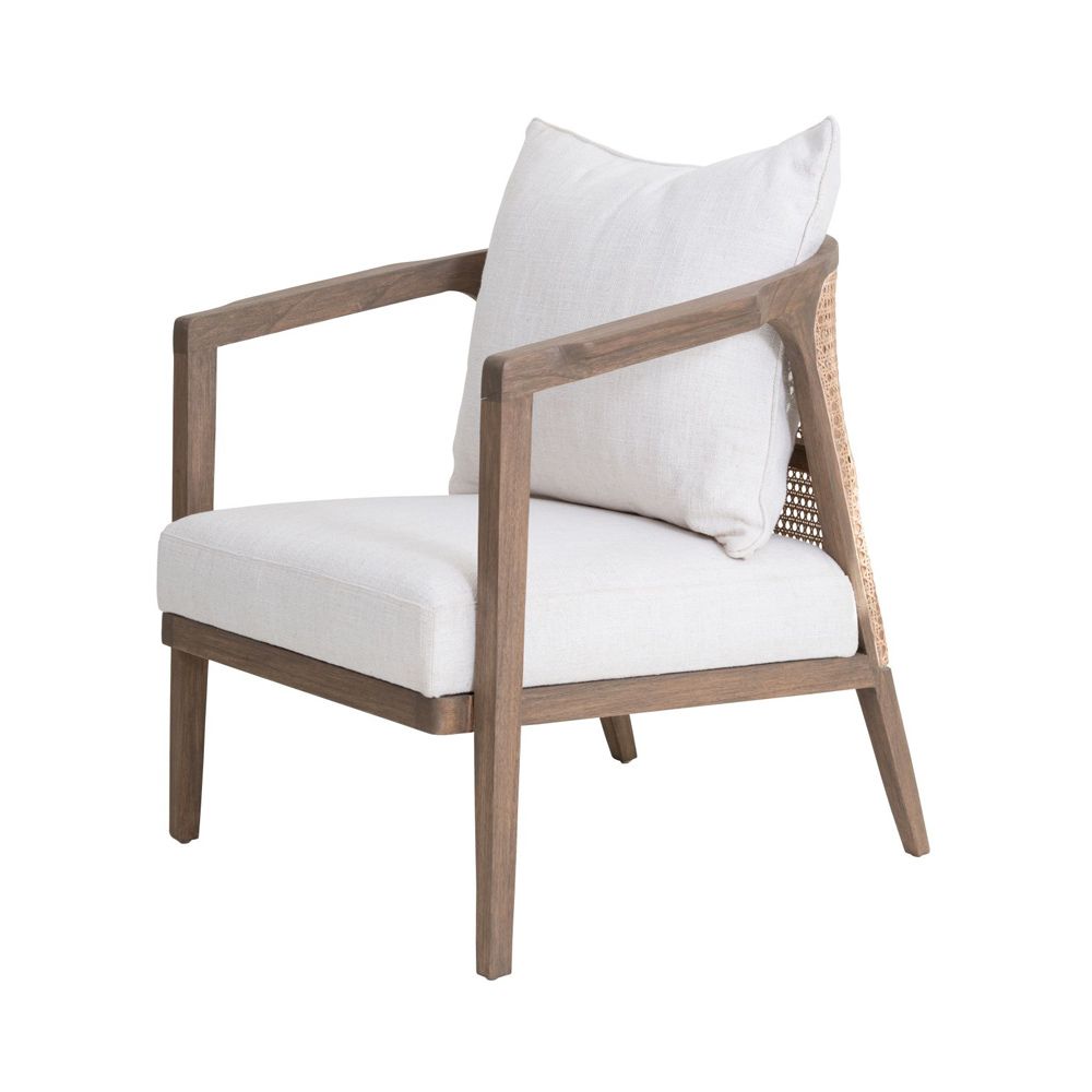 A luxurious mindi wood chair with off-white upholstery and a rattan backrest