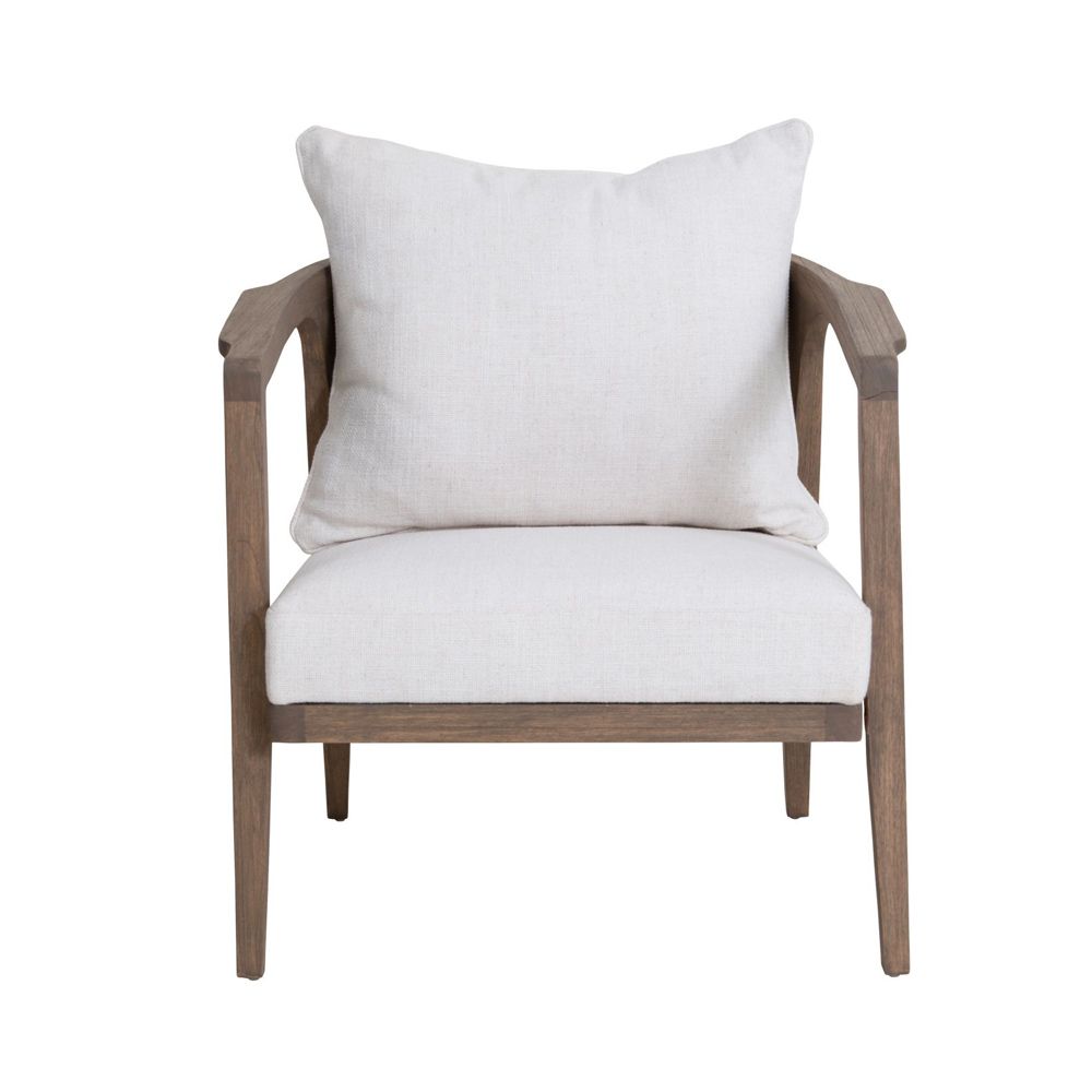 A luxurious mindi wood chair with off-white upholstery and a rattan backrest